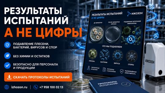 Инфографика эффективности озонирования: сравнение уровня бактерий до и после обработки, лабораторный протокол с печатью, снижение загрязнения на 99.9%