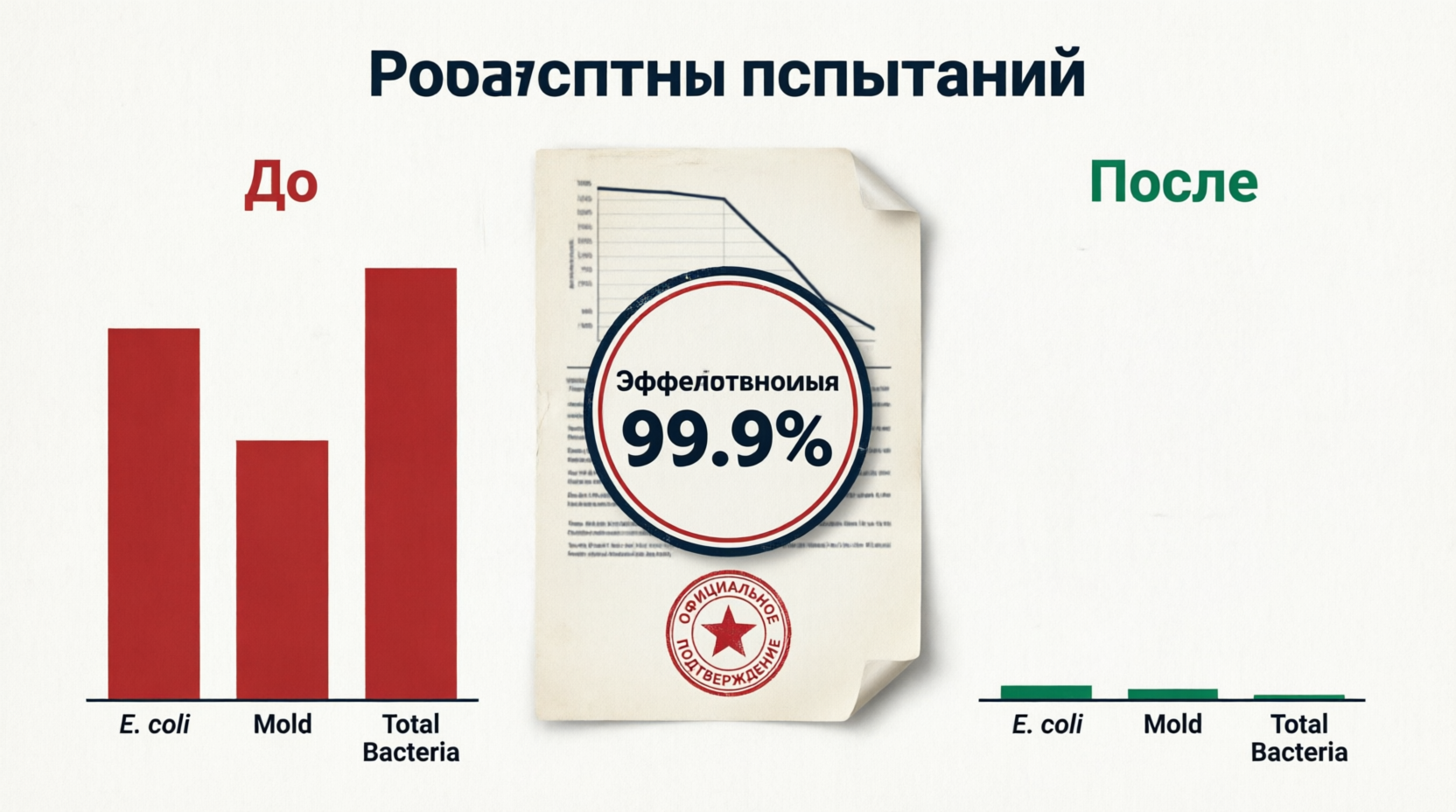 Инфографика эффективности озонирования: сравнение уровня бактерий до и после обработки, лабораторный протокол с печатью, снижение загрязнения на 99.9%