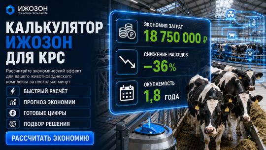 Интерфейс калькулятора ИжОзон AIR для подбора озонатора в коровник: ввод параметров помещения, выбор графика 60/15, результат с мощностью и стоимостью оборудования