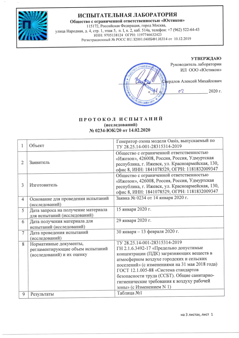 Протокол испытаний № 0234-ЮК/20 от 14.02.2020 лаборатории Юстикон на генератор озона Ижозон Oasis