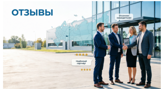 Коллаж из отзывов: сканы благодарственных писем с печатями предприятий, видео-отзывы технологов, логотипы компаний-партнеров ИжОзон