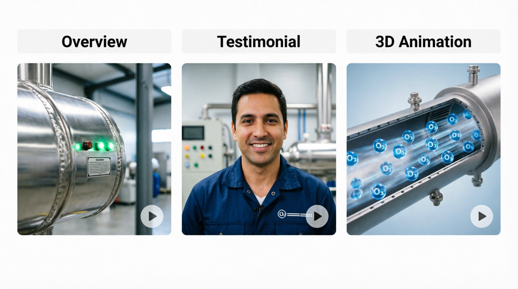 Коллаж из видеороликов: работа промышленного озонатора в цеху, интервью с главным технологом, 3D анимация процесса дезинфекции, обзор модели ИжОзон